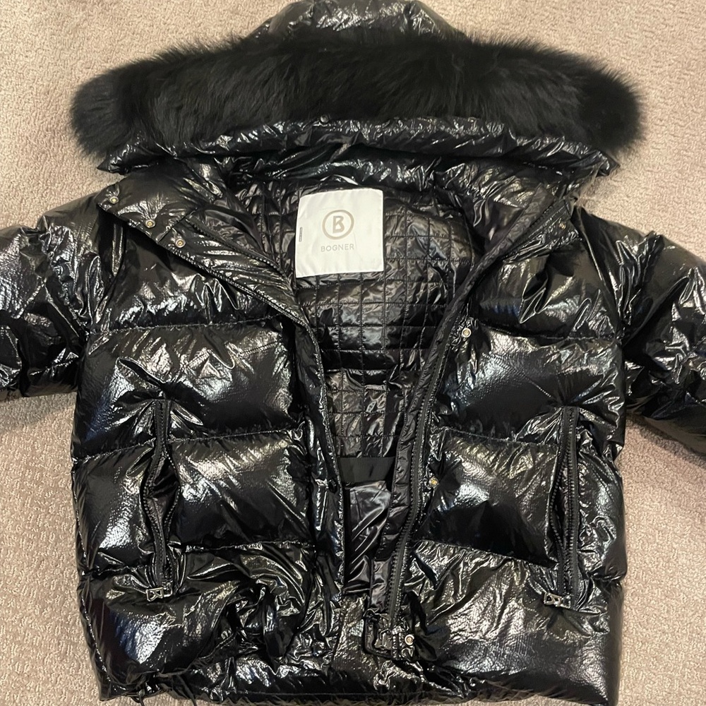 Bogner women shiny puffer with real fur hood